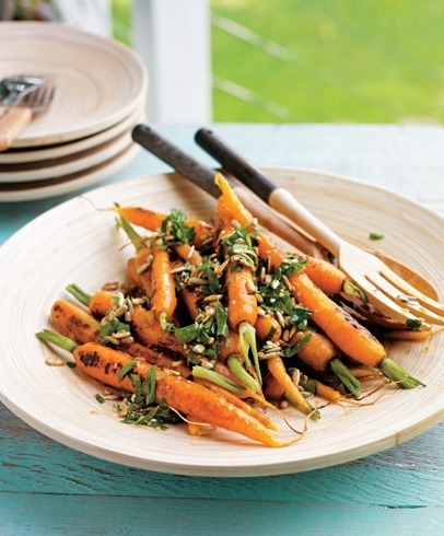 grilled carrots coated in mustard chive butter