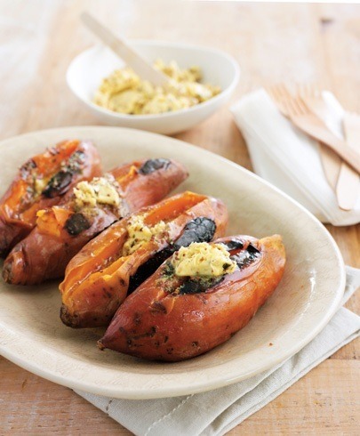 foil baked sweet potatoes topped with mustard thyme butter