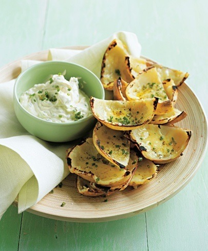 charred baby potato skewers served with creamy aioli